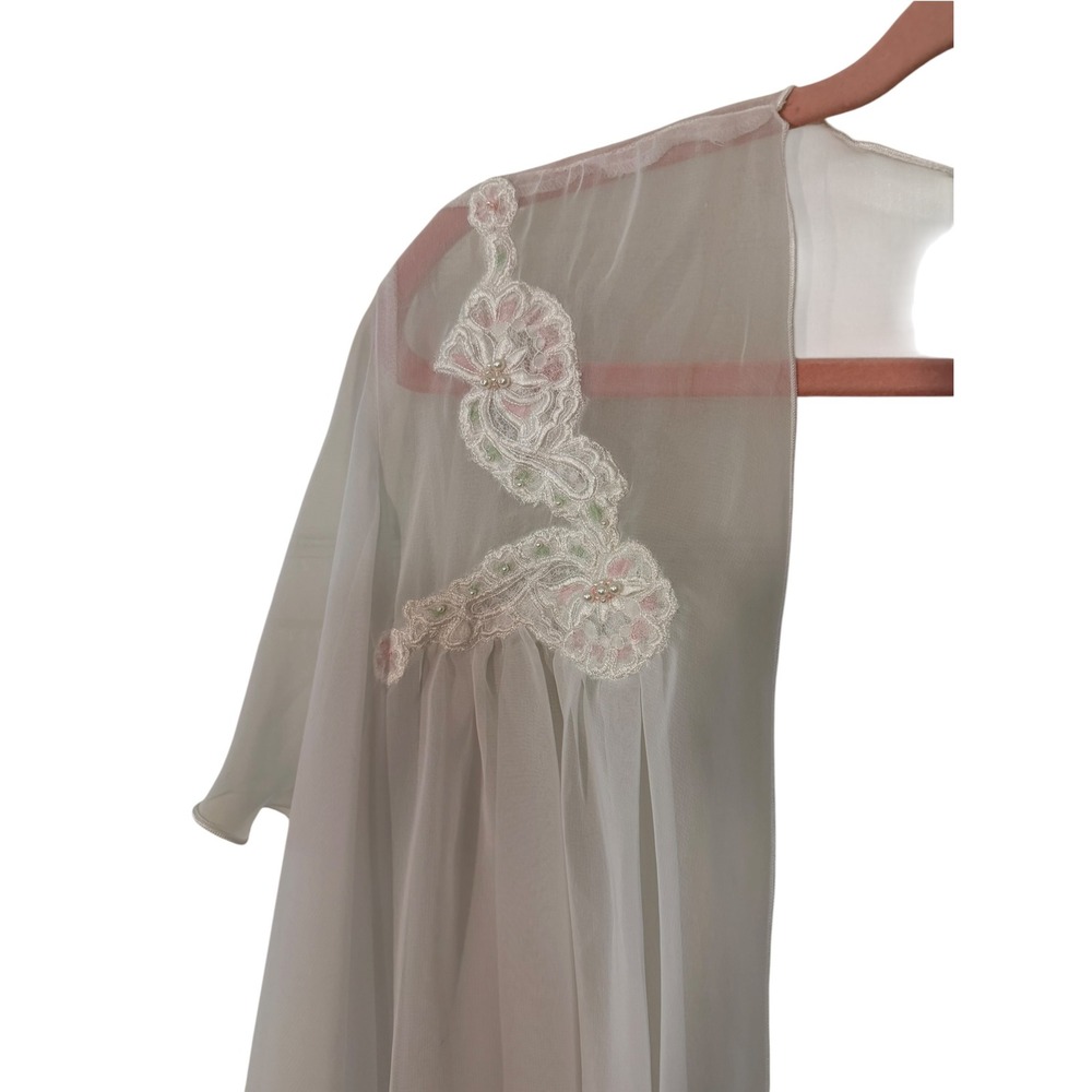 Vintage Enticements Sheer White Chiffon Robe Lace Pearl Ruffle Sleeve Peignoir M - Picture 5 of 16